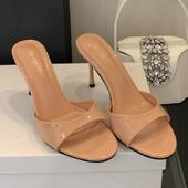 裸色高跟凉鞋 女 气质细跟方头露趾性感外穿一字带凉拖鞋 女夏季 新款