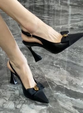 黑色一字带中空包头蝴蝶结山茶花凉鞋女新款马蹄跟透气舒适高跟鞋