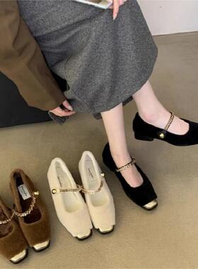 粗跟法式小香风玛丽珍单鞋女鞋子2025秋冬季新款加绒黑色晚晚船鞋