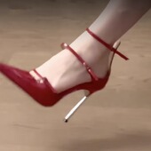 约会单鞋 小众金属细跟尖头红色高跟鞋 夜店性感网红一字带包头凉鞋