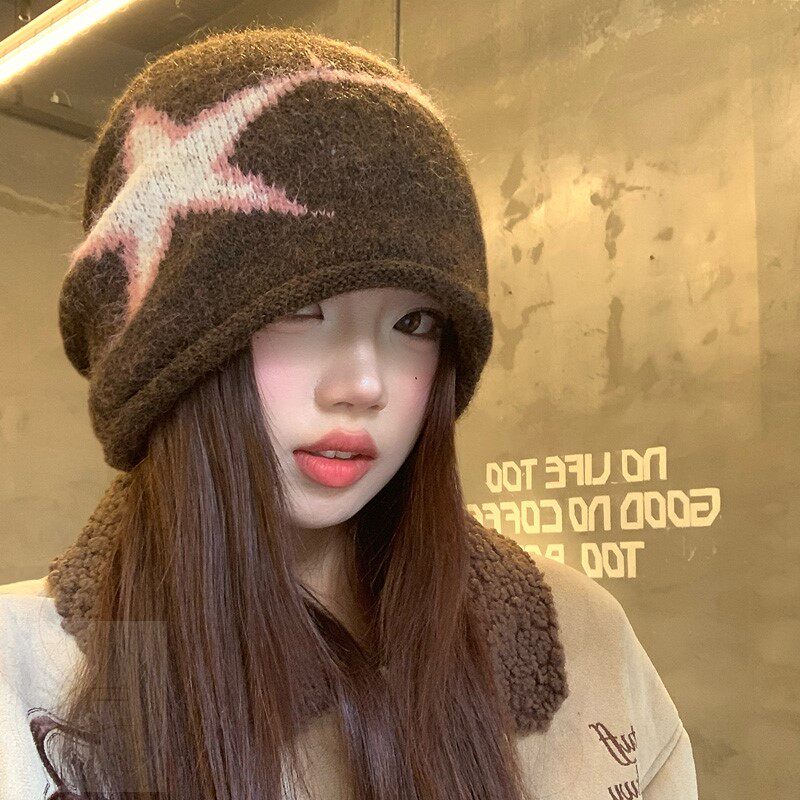 美拉德复古五角星包头帽女秋冬季保暖护耳毛线帽子百搭显脸小冷帽