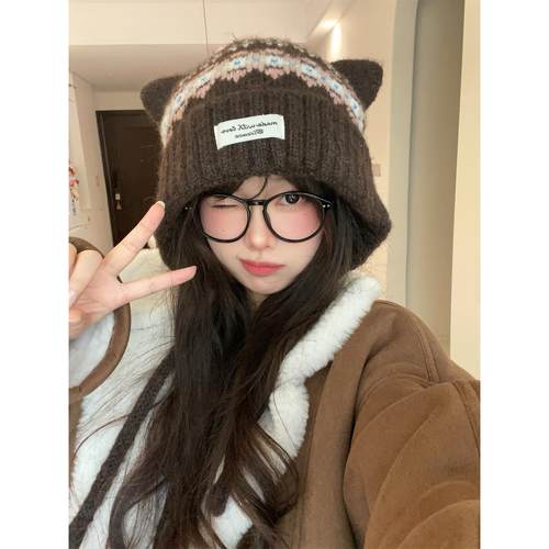 可爱猫耳朵费尔岛毛线帽女冬季加绒保暖帽子包头帽针织帽显脸小潮