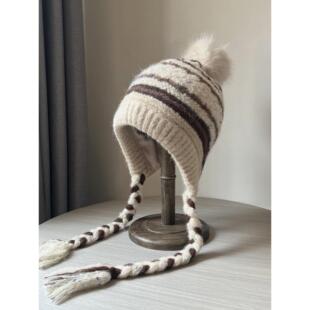 毛球加绒针织帽女秋冬季保暖防寒护耳帽费尔岛风流苏毛线包头帽子