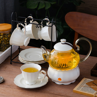 下午花茶具结婚送礼 水果茶壶茶杯套装 简约加热陶瓷玻璃蜡烛英式