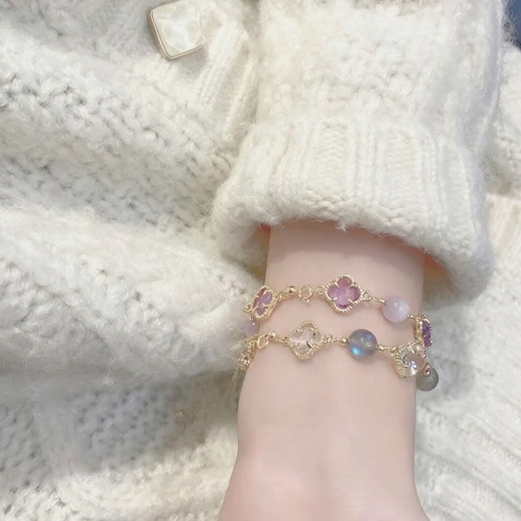 紫水晶月光石四叶草手链女轻奢