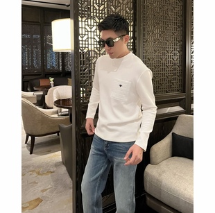 口袋刺绣25早春新款男士长袖T恤圆领打底衫修身显瘦百搭上衣