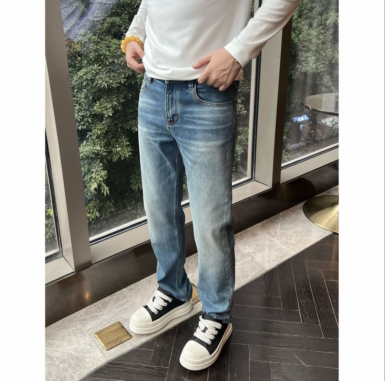 【RL老钱牛仔】秋季洗水弹力刺绣渐变修身直筒牛仔裤子显高9793