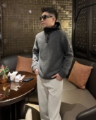 秋冬羊毛混纺加绒加厚保暖长袖 半开连帽 卫衣上衣高级感男装