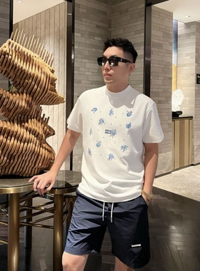 【Miu风趣味】夏日清爽立体闪钻蓝色花朵圆领情侣男士短袖T恤9803