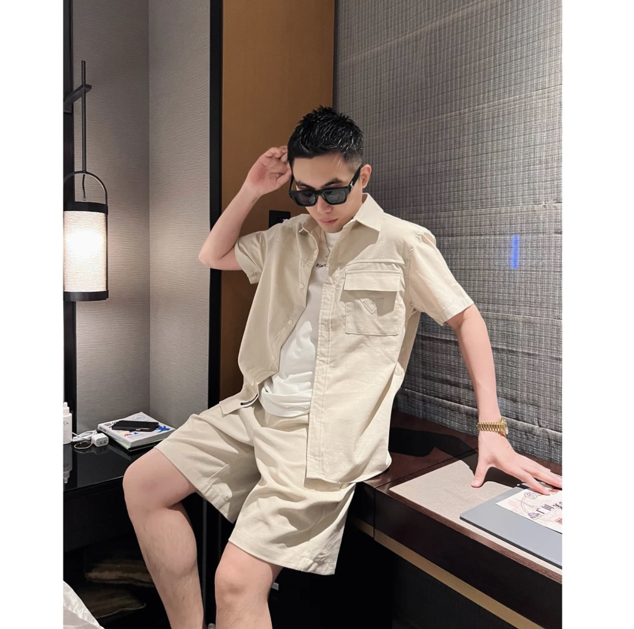 亚麻套装24ss夏季凉感老钱风衬衫短袖短裤简约男士休闲百搭套装