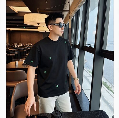幸运四叶草26新款夏日刺绣液氨短袖男士T恤休闲衣服半袖