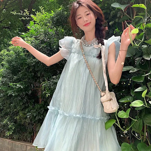 法式 纯欲木耳边高级感气质超仙短 甜美减龄小飞袖 连衣裙女夏季