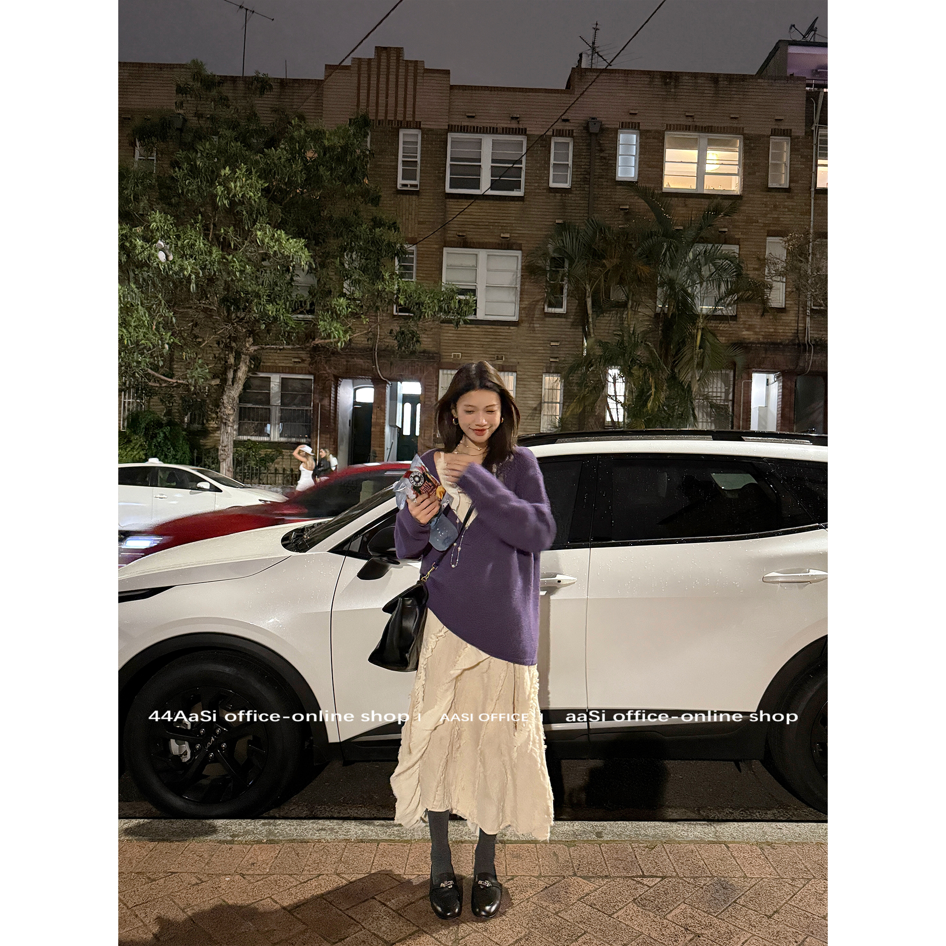 44AaSi 薰衣恋曲 定染氛围v领慵懒叠穿套头宽松毛衣上衣