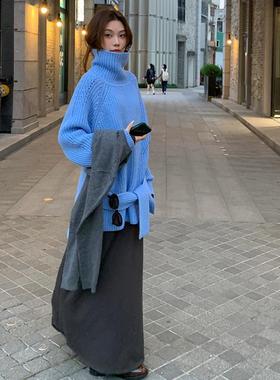 【现货】44AaSi 雾霾baby蓝 设计感 高领毛衣女粗针加厚保暖秋冬