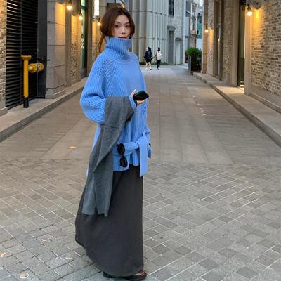 44AaSi 雾霾baby蓝 设计感 高领毛衣女粗针加厚保暖秋冬宽松
