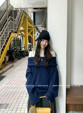 44AaSi 艺高学姐 一字领落肩秋冬套头气质针织宽松上衣