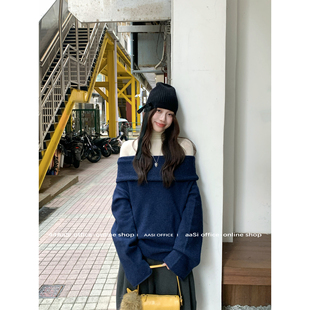 44AaSi 艺高学姐 一字领落肩秋冬套头气质针织宽松上衣