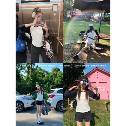 44AaSi 秒变小骨架 擦肩拼色显瘦运动休闲7分正肩修身短款T恤