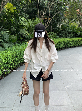 【现货】44AaSi原创 会凹造型的白衬衫 夏季翻领泡泡袖收腰衬衣