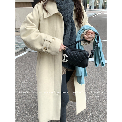 44AaSi 温暖柔雾 博主感气质毛呢外套宽松百搭毛领长款大衣