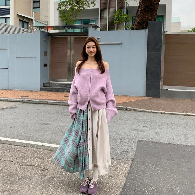 44AaSi【辛德瑞拉】两穿 自制紫色杂纱毛衣开衫女一字领/斜肩