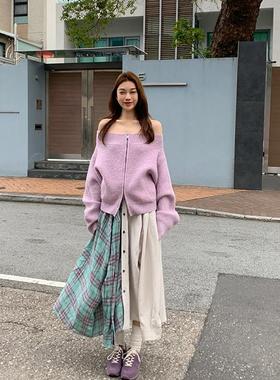 44AaSi【辛德瑞拉】两穿 自制紫色杂纱毛衣开衫女一字领/斜肩