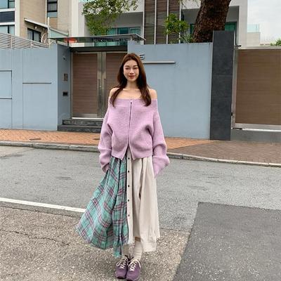 44AaSi【辛德瑞拉】两穿 自制紫色杂纱毛衣开衫女一字领/斜肩