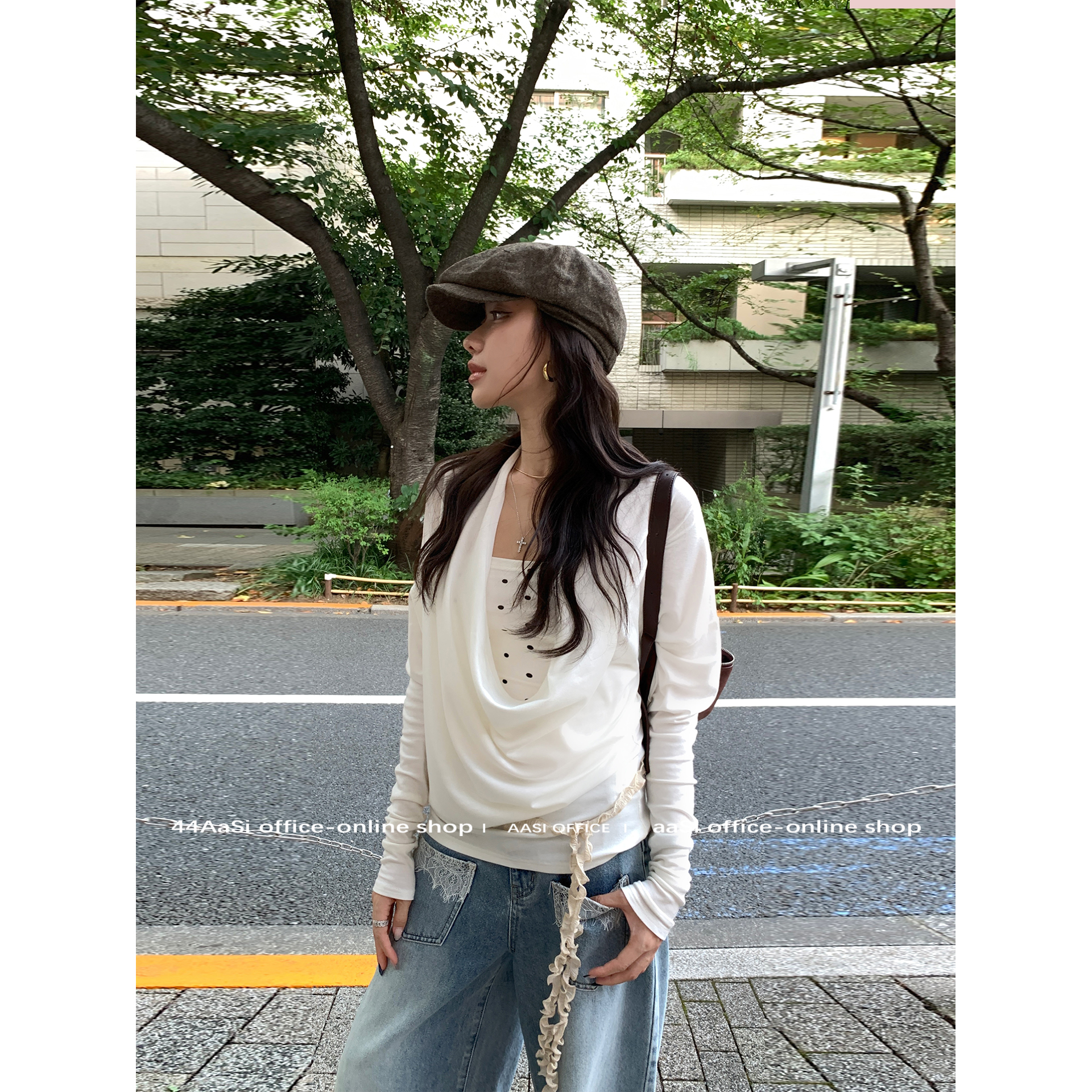 44AaSi 复古画报 波点荡领天丝羊毛针织长袖假两件内搭罩衫