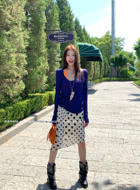 44AaSi 甜酷波波 原创拼接橡筋腰头直筒显瘦百搭斜裁半身短长裙