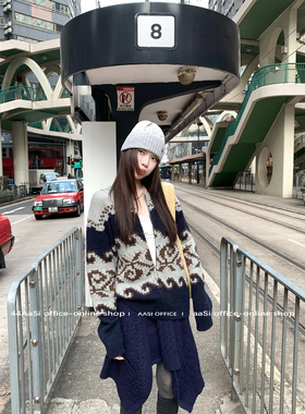 44AaSi早春 宝蓝岛屿 重工费尔岛粗针提花毛衣外套慵懒复古冬上衣