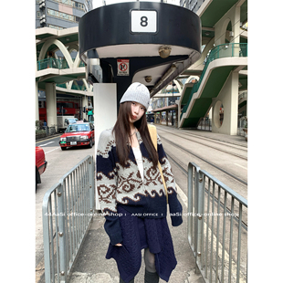 44AaSi早春 宝蓝岛屿 重工费尔岛粗针提花毛衣外套慵懒复古冬上衣