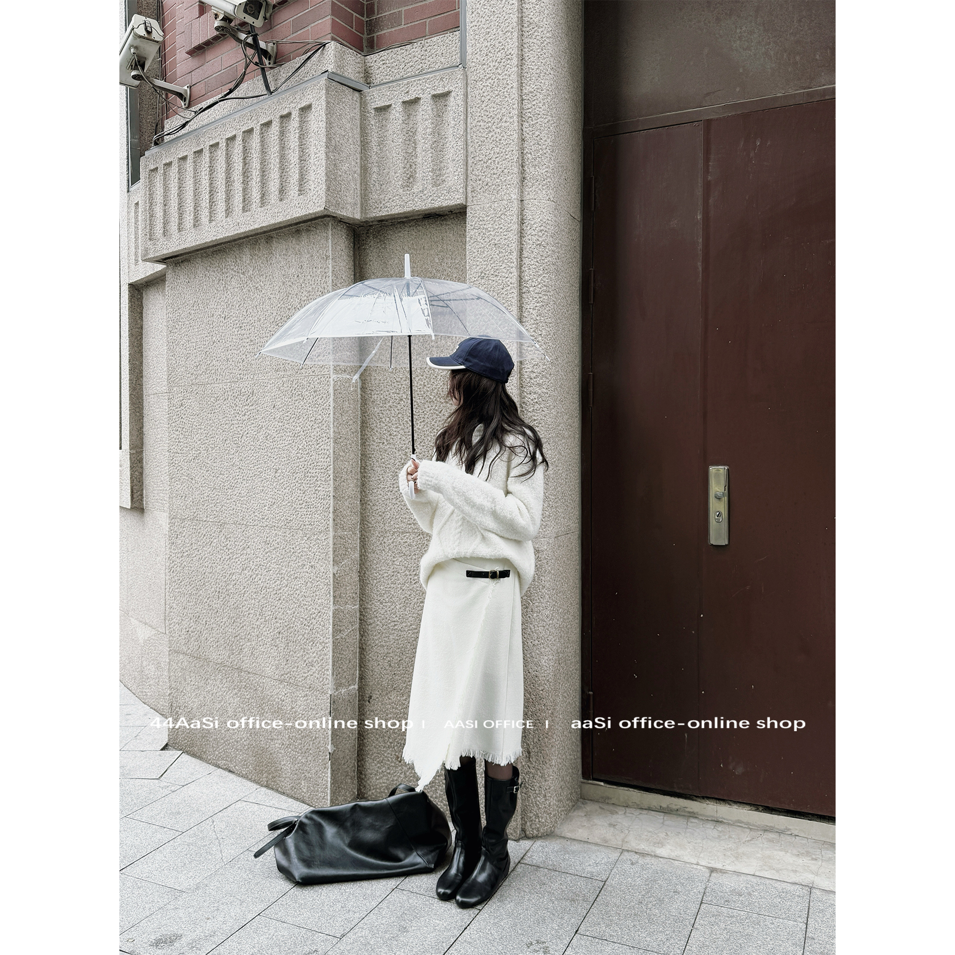 44AaSi 霜雾月光 流苏白毛呢围裹式显瘦秋冬气质半身A字中长裙