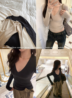 44AaSi 蚕丝V领打底的魅力～修身收腰显瘦冬羊毛天丝针织打底上衣