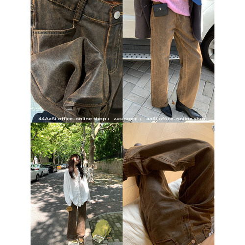 44AaSi 九分裤王 新版牛皮棕咖显瘦修身特殊做旧面料直筒显瘦皮裤