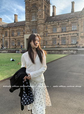 44AaSi 赫本波波 麂皮绒感不规则a字波点白色秋冬半身中长裙