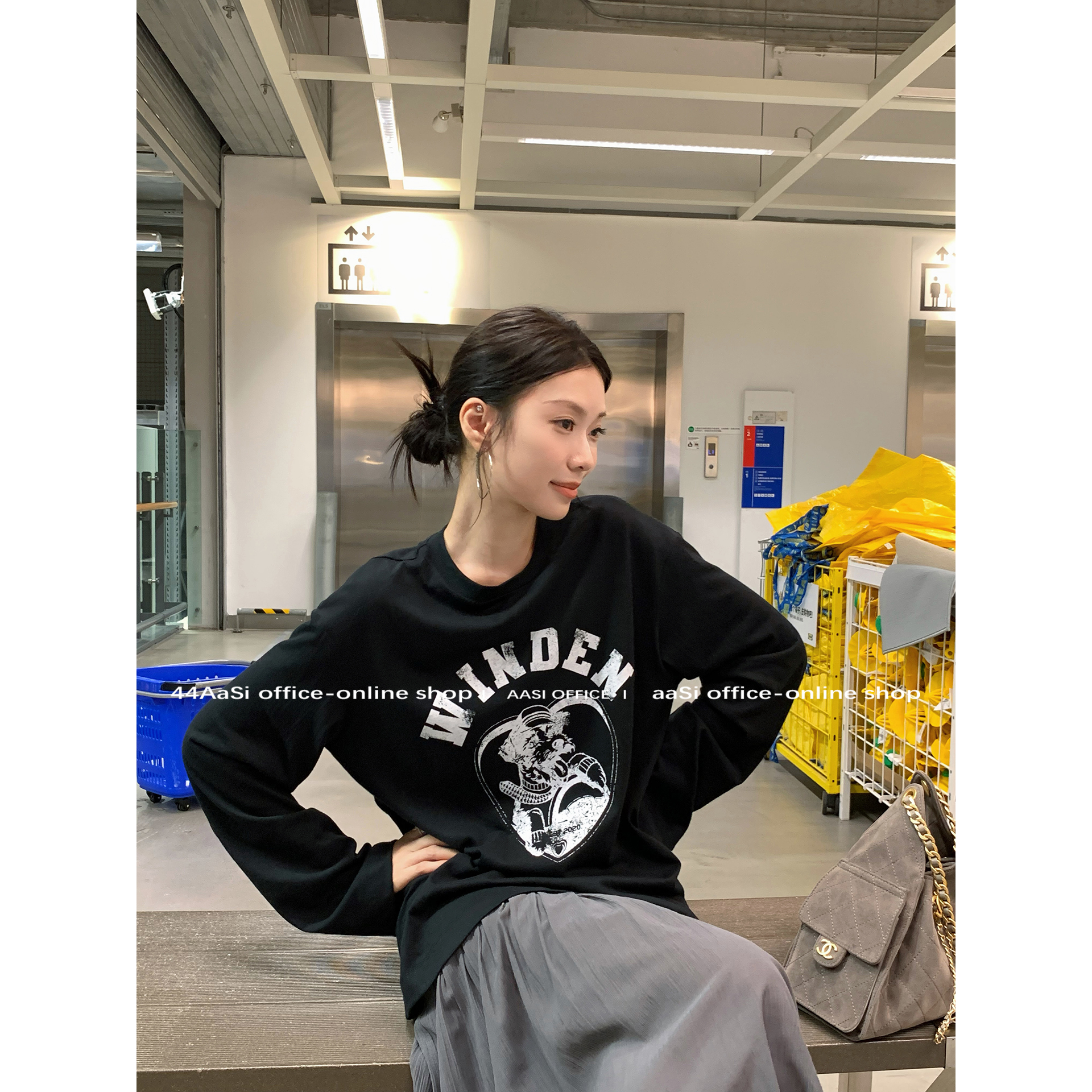 44AaSi 巨好穿！趣味小狗印花t软软防晒韩版长袖上衣女