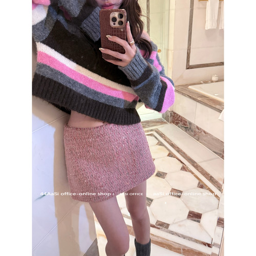 44AaSi 恋爱日记 羊毛编织小香风半身裙秋冬百搭显瘦粉色A字短裙