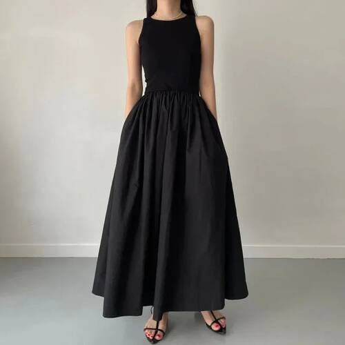 New Summer Simple Elegant Black Long Dresses For Women Round