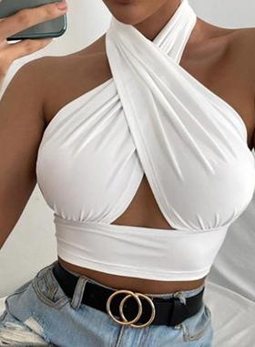 Women Summer Tank Tops Sexy Solid Color Cross Halter Neck Pu