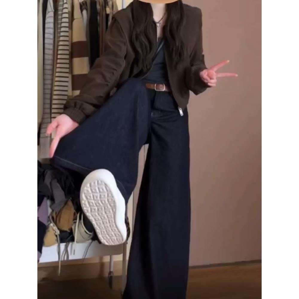 正蓝色慵懒松弛感牛仔裤大码显瘦大裤腿阔腿裤女胖mm梨型身材裤子