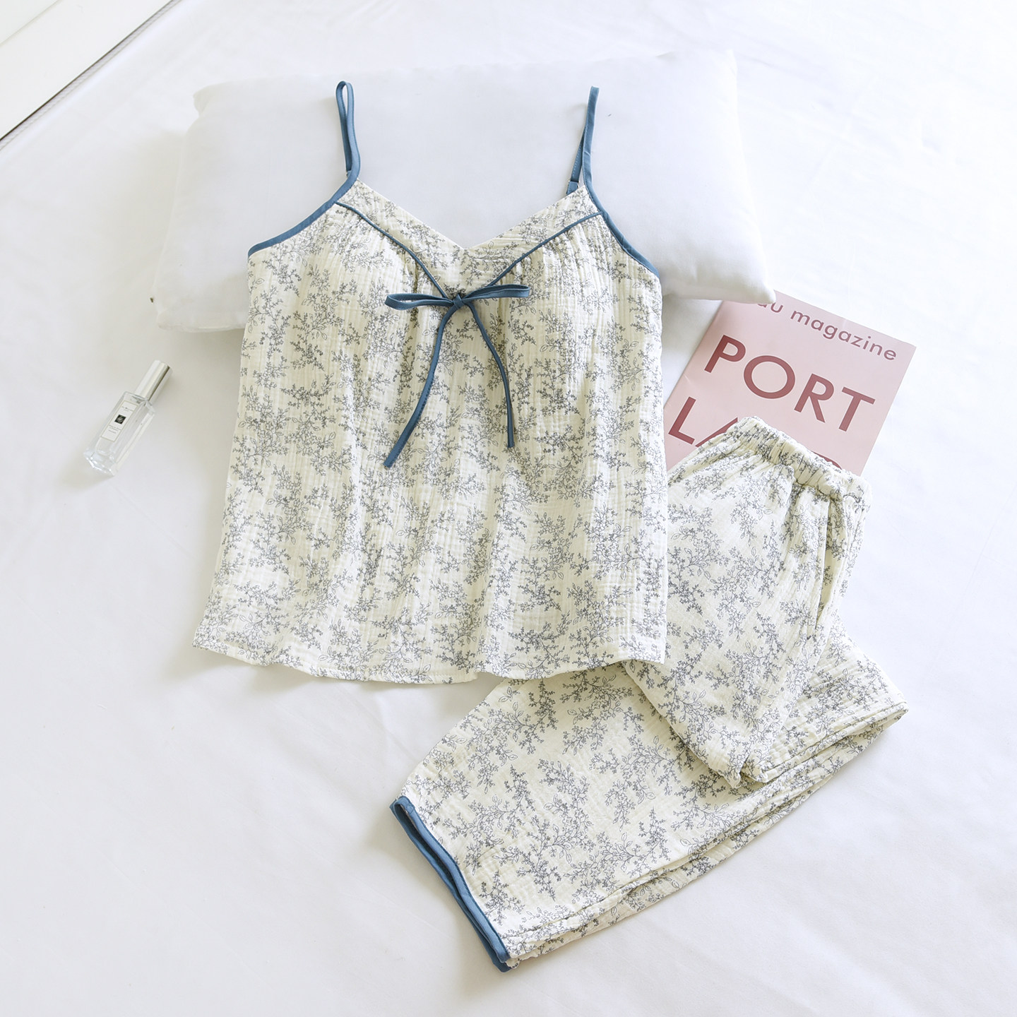 夏季薄款纯棉泡泡棉纱碎花吊带九分裤带胸垫全棉家居服睡衣套装女