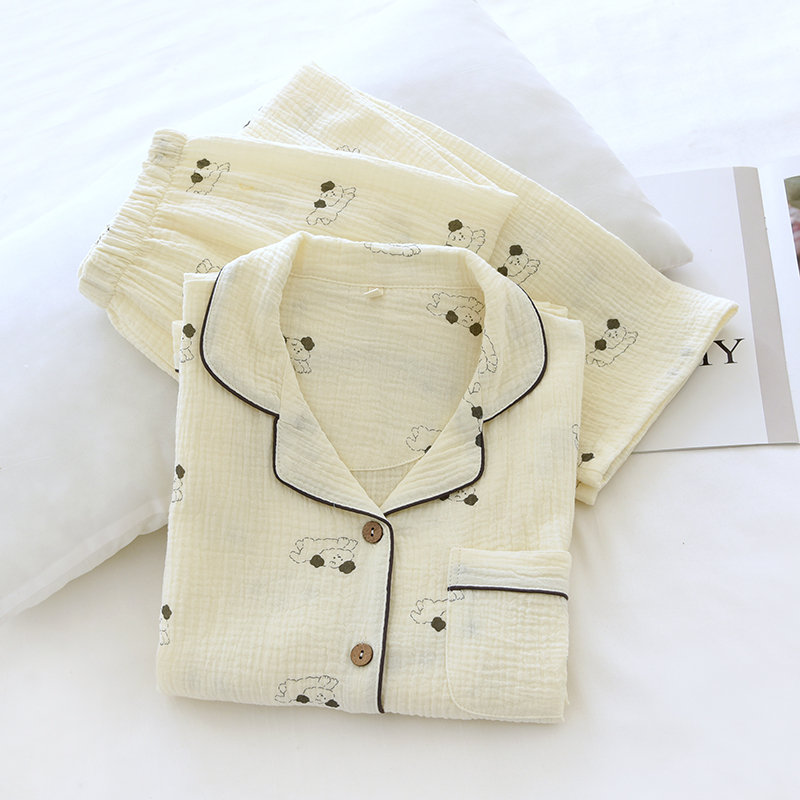 春夏秋薄款纯棉泡泡棉纱布翻领可爱狗狗印花长袖家居服睡衣套装女