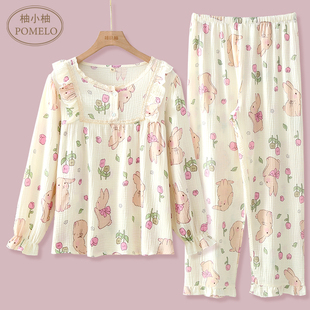春秋夏薄纯棉泡泡棉纱布长袖 可爱圆领套头全棉家居服睡衣套女 长裤