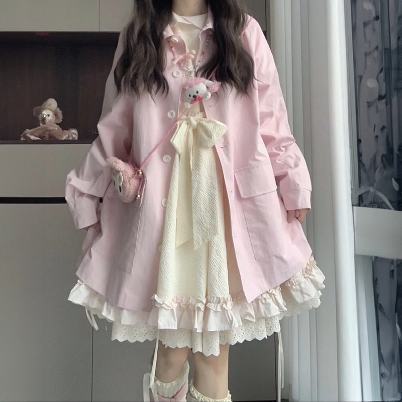日系甜美可爱蝴蝶结绑带杏色连衣裙女学生叠穿粉色长袖衬衫两件套