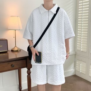 短袖 套装 oversize潮牌华夫格polo衫 短裤 宽松休闲运动套 夏季 薄款