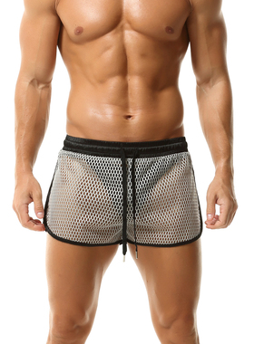 男士性感网孔短裤男款速干透明三分裤宽松系带镂空沙滩裤男生