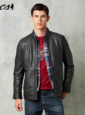 MCS源自万宝路秋季新品羊皮革真皮皮衣修身立领户外纯色皮夹克男