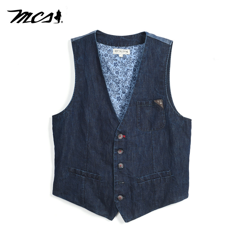 MCS男装新品亚麻休闲修身Y领净色修身三袋牛仔天丝马甲背心