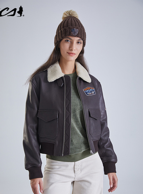 MCS女装源自万宝路秋冬季新款山羊皮G1飞行员夹克宽松羽绒女皮衣