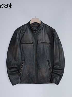 MCS男装源自万宝路新款牛皮真皮皮衣经典做旧机车牛皮夹克外套男
